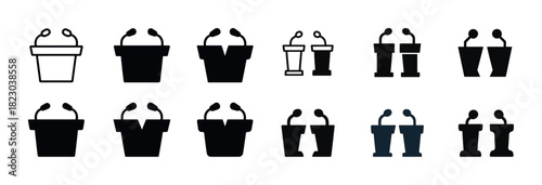 Variety of podium icons with microphones for speech and presentation concepts