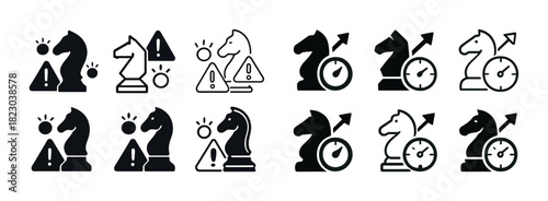 Chess strategy icons: knight, time, alert signs in black and white illustrations