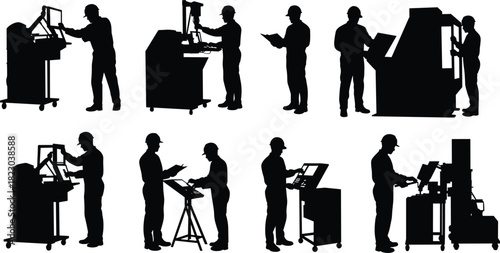 Industrial silhouettes of workers operating machinery, inspecting equipment, reviewing documents, factory safety illustration, manufacturing workplace artwork, technical design art