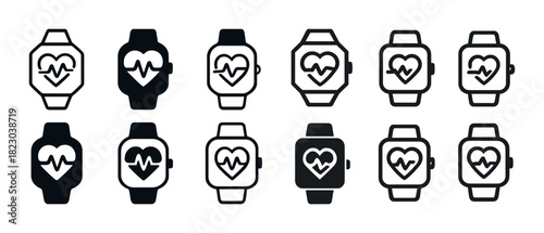 Set of heart rate smartwatch icons in various styles