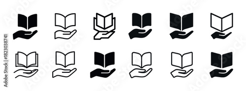 Collection of book and hand icons in simple black and white design