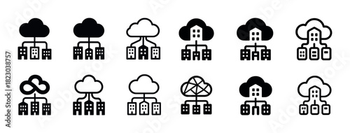 Cloud computing icons set with network and storage symbols