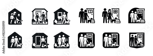 Icon set of families with children and pets in various home settings
