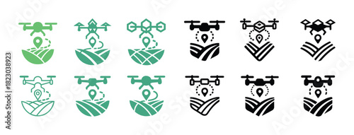 Drone delivery and navigation icons: agriculture and technology symbols in green and black