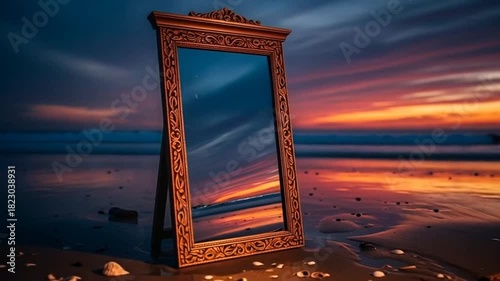 Beach Mirror Reflection: Sunset Sky and Ocean Dreamscape