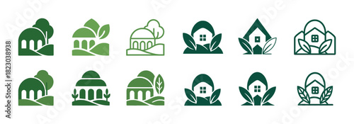 Green eco-friendly house icons with nature elements