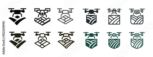 Drone icons set depicting agriculture and technology in various styles