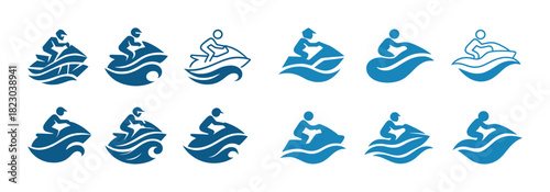 Set of blue jet ski icons in various styles and poses