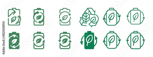 Set of green eco-friendly battery icons with recycling symbols