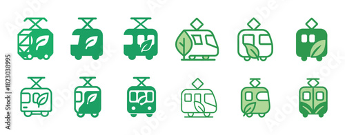 Green eco-friendly tram icons with leaf motifs in various designs