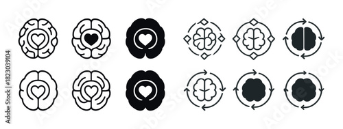 Brain and heart icons in various styles showing love and connection