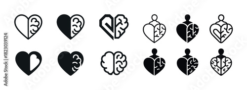 Heart and brain symbol icons set - love and intelligence designs