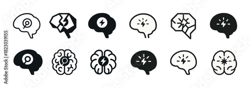 Icon set of brain symbols: lightning, magnifying glass, cracks in simple tones