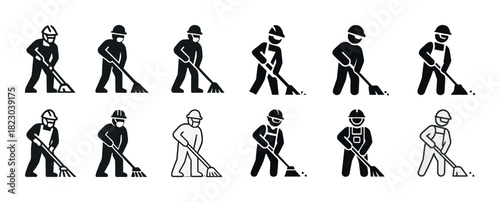 Silhouette icons of construction workers with brooms