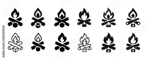 Diverse campfire icon set: minimalist designs and variations