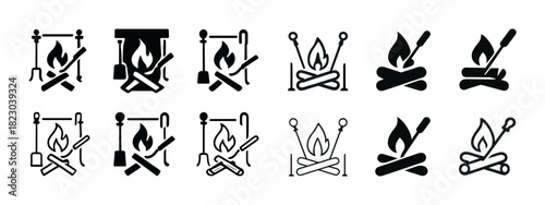 Collection of outdoor campfire icons with cooking tools and flames