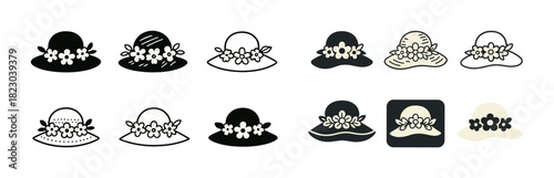 Collection of floral decorated hat icons in various styles and colors