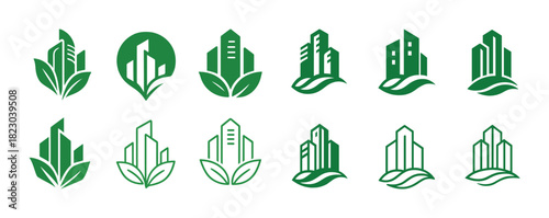Eco-friendly green building logos with leaf designs
