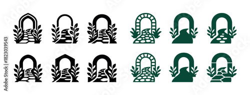 Garden pathway arches with plants in various artistic patterns