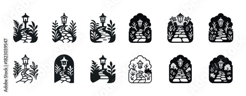 Diverse garden path illustrations with lanterns and foliage