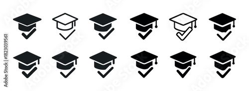 Graduation cap icons with check marks in various styles and designs