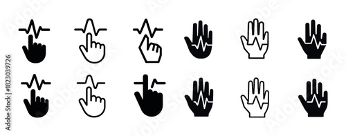 Set of pulse measurement and hand gesture icons in black and white