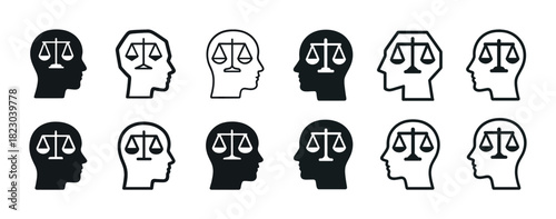 Silhouette heads with scales of justice symbol illustrations in black and white
