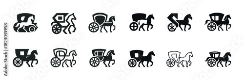 Silhouette icons of horse-drawn carriages in various styles