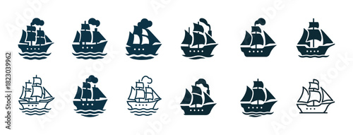 Set of nautical ship silhouettes with diverse sailing vessels icons