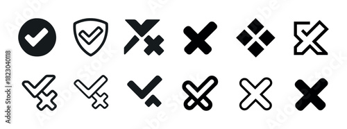 Set of check marks and cross symbols in various styles