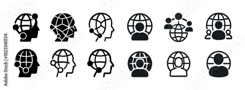 Artificial intelligence icons set: profiles and global network designs