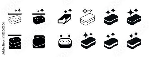 Icons of shiny cleaning sponges with sparkles in various styles