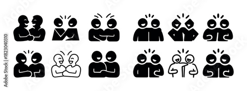 Expressive black and white cartoon avatars of diverse pairs in various emotive poses