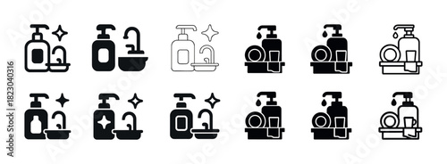 Set of sink and soap dispenser icons with cleaning elements