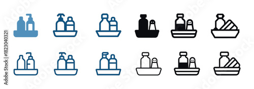 Soap and lotion bottle icon set in various styles: blue and black