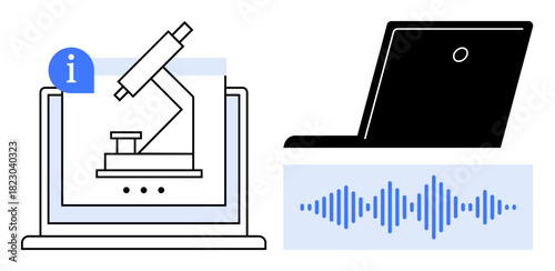 Laptop featuring a microscope diagram and audio wave visualization promoting e-learning and scientific research. Ideal for education, online courses, digital tools, remote research, STEM fields