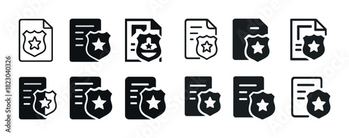 Set of police badge and document icons in various styles