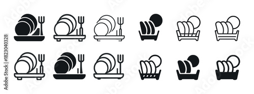 Dish rack icon set in various styles featuring plates and utensils