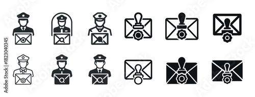 Mail delivery icons: postal worker and envelope symbols collection