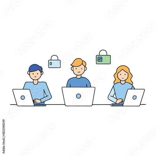 People working on laptops collaborate seamlessly in a digital workspace, typing, creating, and connecting through modern devices that boost productivity and teamwork.
