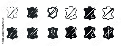 Set of black and white leather sewing icons with needle and thread designs