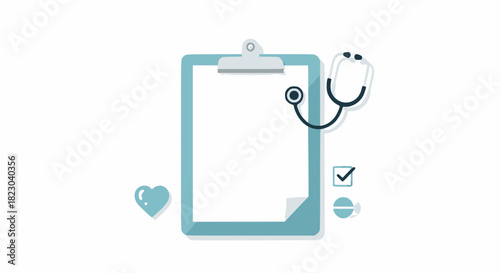 Medical clipboard with stethoscope, heart, checkmark, and pill icons representing health and care.