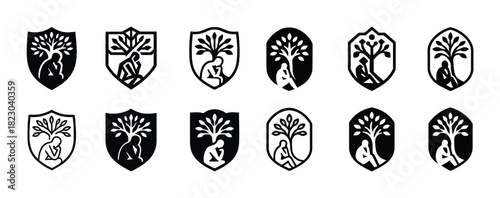 Symbolic tree and person icons in various shield designs