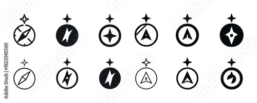 Set of minimalist black compass icon designs with directional arrows and star motifs