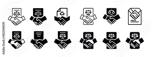 Handshake and justice icons set: contracts, agreements, legal documents