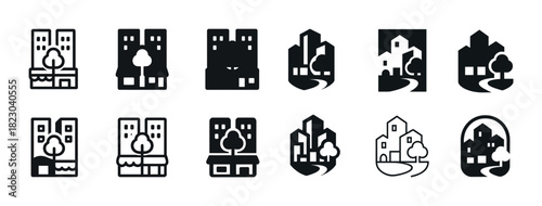 Urban and suburban building icons collection in black and white