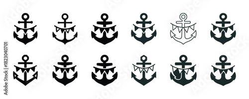 Variety of nautical anchor icons in different styles and designs