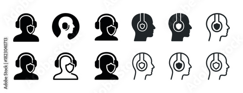 Headphone and head silhouettes set: icons of audio technology and human profiles