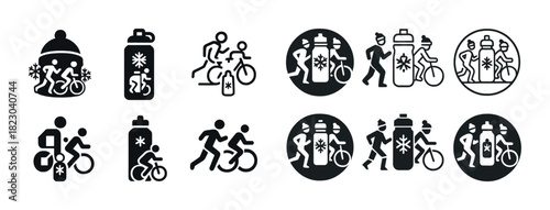 Cycling icons: biking, running, hydration symbols in minimalist styles