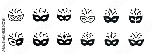 Set of black masquerade mask icons with decorative elements